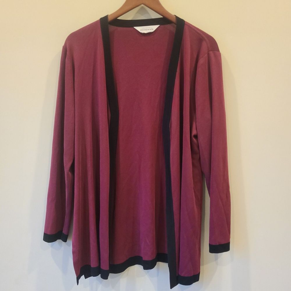 Exclusively Misook Women Open Front Knit Cardigan Sweater Large Maroon Side Slit